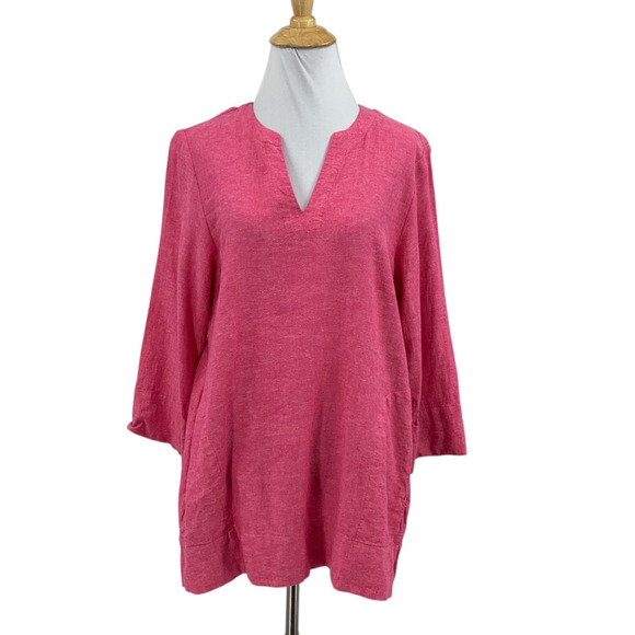 Lands End Top Womens S Small Azalea Linen Blend Split Neck 3/4 Sleeve Shirt - Picture 1 of 11
